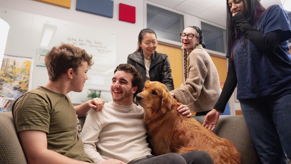 Five students, two seated on a couch and three standing next to the couch, interact with each other and a Poppy, a golden retriever therapy dog, at the Student Wellness Center. In the background, a paint by number waterfall painting completed by students who use the Student Wellness Centers is on display, and a message on the whiteboard invites students to vote for their preferred spring herbs for the aquaponic gardening display below.